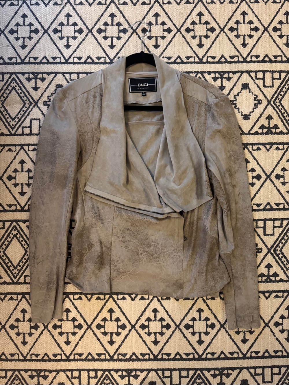 blanc noir Taupe Grey Faux Suede Draped Zip-Front Moto Jacket